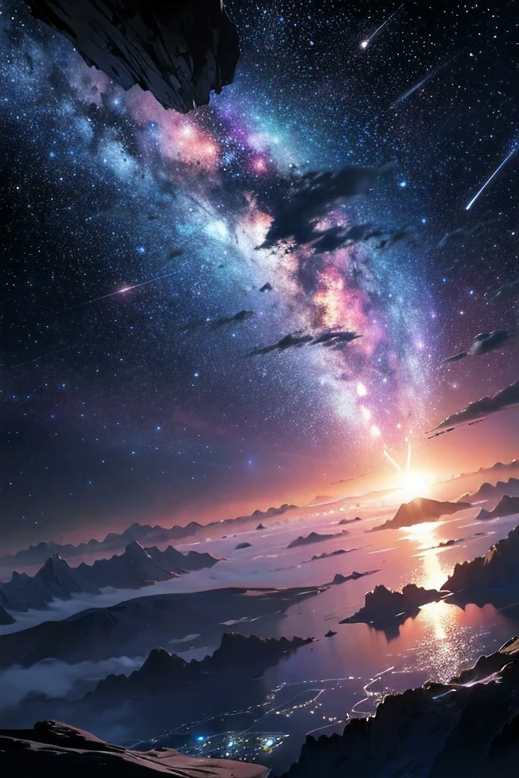 Behold the breathtaking spectacle of a beautiful sky adorned with an abundance of twinkling white stars. Witness the mystical allure of cosmos unfold before your eyes as you traverse through the vast expanse of the universe. Marvel at the wondrous sight of comets, their brilliant tails illuminating the night sky, and be enchanted by the mesmerizing swirls of asteroids and nebulae. The intricate dance of celestial bodies articulates the grandeur and magnificence of the cosmos, leaving one in awe and wonder. (High resolution, luxury goods, detail-rich, masterpiece:1.2, surreal, stunning,