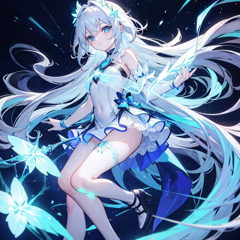 Lilac gradient hair,Asymmetrical hair,((Hair is very thick 1.8,Hair is well-defined1.6)), Hair over the shoulder, messy hair, Very long hair, shinny hair,(Long gray hair:1.2),A beautyful girl,(Luxurious Platinum Mini Lolita,Made of transparent material),(Transparent clothes transparent 1.8),perfect body figure,high and high,slenderness,(looking sad,Haggard complexion、pale nipples ,grieves,close your mouth:1.2) Against the backdrop of an unusually bright dark starry sky,(Place your hands behind your back),(Round, medium large, firm breast),The barefoot,afloat,waterface,(long leges,long leges,long leges,Perfect leg shape),fully body photo。