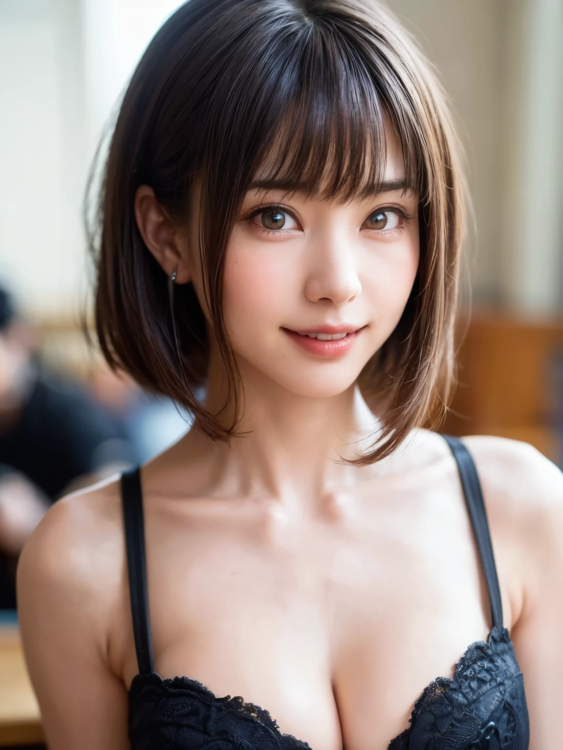 (table top, highest quality、ultra high resolution、face focus focus、Focus on the side、navel focus、decolletage focus、very attractive beauty、Add intense highlights to your eyes、light brown eyes、look closely at the camera:1.4、Absolutely beautiful bangs:1.4、Brunette short bob hair with bangs:1.4),1 girl, Report, black haired, realistic, looking at the viewer, Pale brown eyes, short hair, lips, lip gloss, Upper body、Big eyes、eyelash)、((hyper real stick:1.hort hair with bangs:1.4、Beautiful 46-point bangs:1.4、{Huge|big|Hugeな|mega} chest:2, cleavageyes、Give your students very powerful highlights、very bigger chest、look at the audience、very beautiful beauty、show me your ears、Beautiful long neck、beautiful decollete、smile、A smilee beautiful teeth、Open your mouth and smilee))、28 years old、very cute super model、perfect anatomy