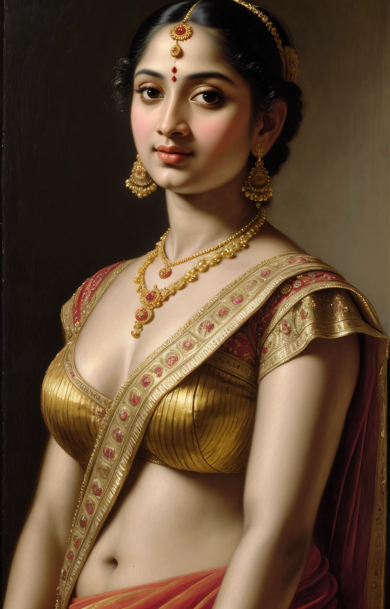 Beautiful Indian Woman, wearing saree, sari Beauty, gorgeous, Apsara, Maharani, royal queen woman, nymph from Hindu Mythology, Urvashi, matchless beauty, Highly detailed, Oil Painting by Peter Paul Rubens inspired by Raja Ravi Varma, Matchless beauty, captivating, gorgeous, heavenly beauty, celestial beauty, by Peter Paul Rubens, 13, realistic, hyper realistic, micro details, incredible artwork, insane details, ultra High resolution, 8k, 32k, acrylic on canvas, intricate, flawless, detailed, detailed face, detailed eyes, masterpiece, by Peter Paul Rubens, by Caravaggio, by William Adolphe bouguereau, perfect face, perfect body, beautiful art, realism, baroque, renaissance Art, highly textured, beautiful and detailed eyes, uhd, best quality,