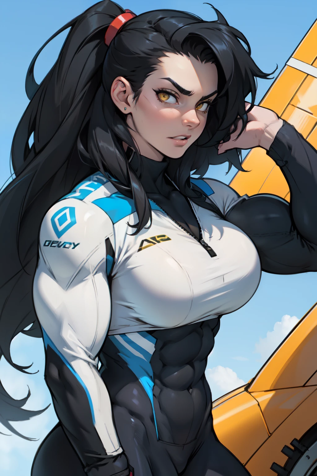1 girl, black hair, yellow eyes, very long hair, pale skin, ((((extremely muscular)))), large breasts, (confident expression), pilot suit, close up