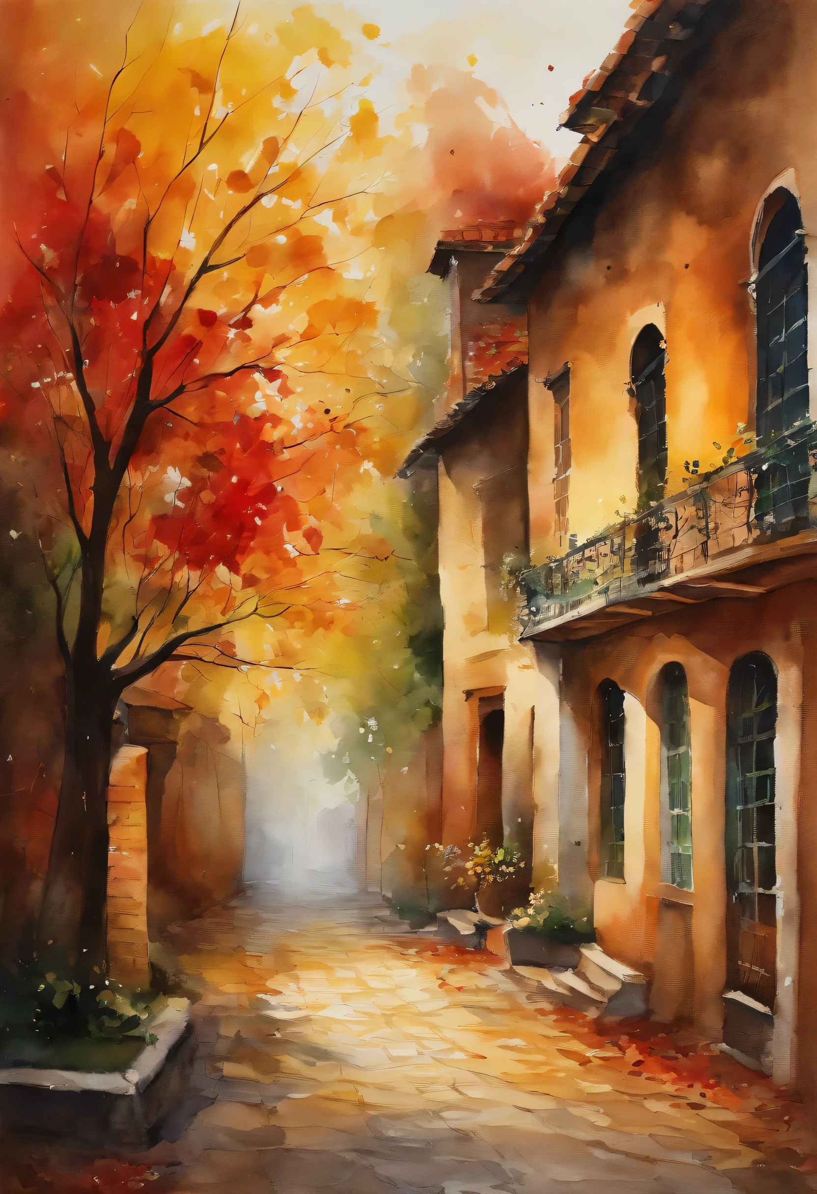 Old residential complex，Red brick building，Big banyan tree，Clean pavement，Fallen leaves，autumnal，in the early morning，Light yellow tones，super-fine，Carefully portrayed，high qulity，8k，Miyazaki animation style