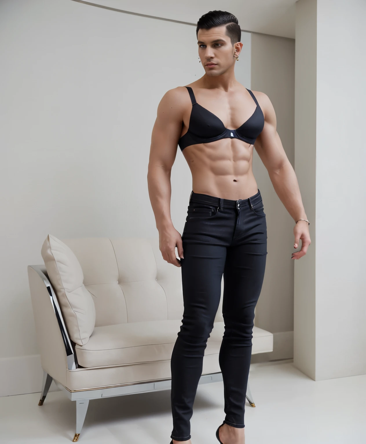 Athletic hunk man with very short hair, tight jeans,  very high stiletto heels with pointy toes, earrings, bra ,nylons,  padded black bra