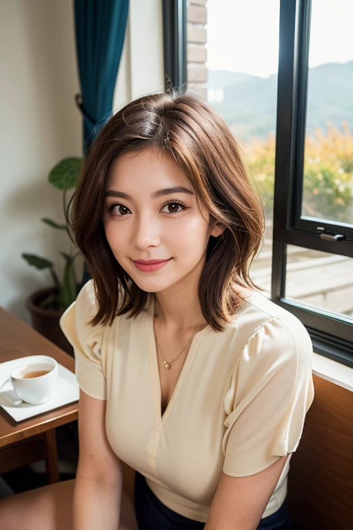 ((highest quality)), ((masterpiece)), (become familiar with), perfect face, masterpiece、highest quality、High resolution、wallpaper、realistic、bright lighting、professional lighting、face light、smooth lighting、japanese woman、25 years old、super beautiful、beautiful skin、beautiful and detailed eyes、become familiar with顔、slim、moderately、short hair、brunette colored hair、brown eyes、look at the camera、 commercial photography, Beautiful Instagram Influencer Girls, best smile,High resolution, beautiful woman, wearing light blouse, sitting by the window with morning sunlight, Drinking coffee with one hand, serene face, at home
