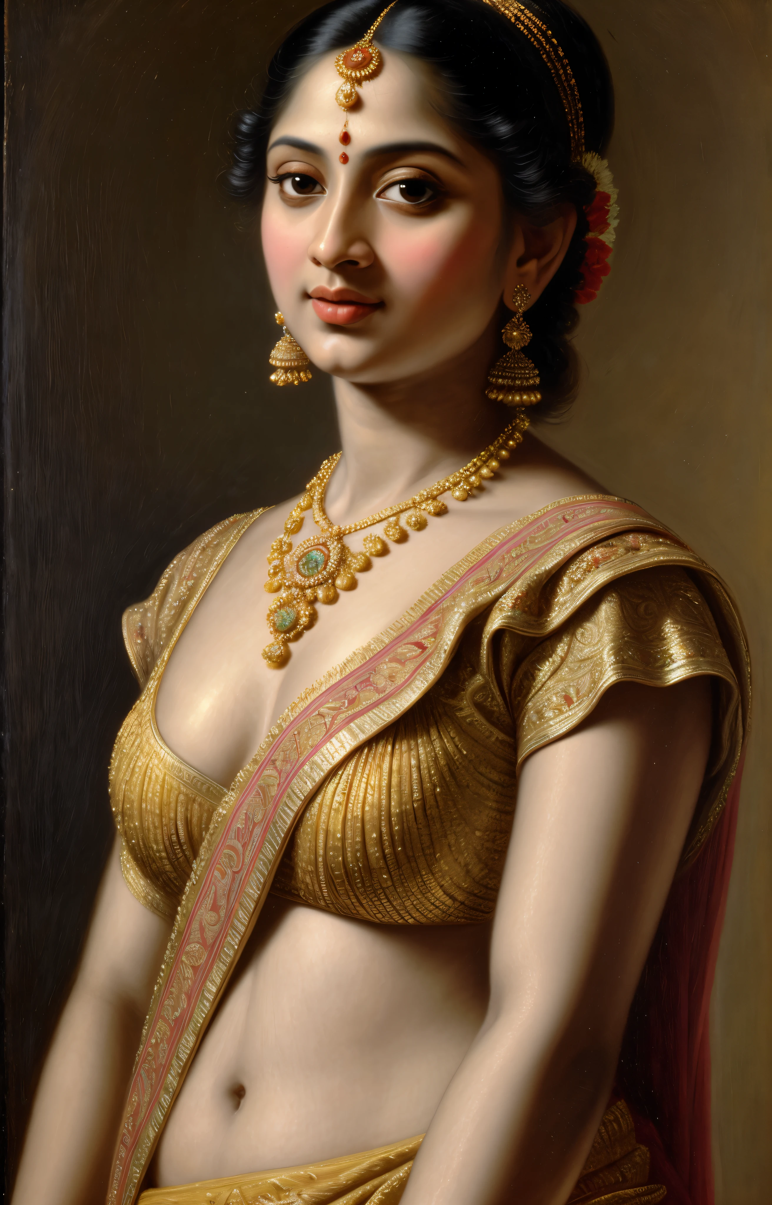 Beautiful Indian Woman, wearing saree, sari Beauty, gorgeous, Apsara, Maharani, royal queen woman, nymph from Hindu Mythology, Urvashi, matchless beauty, Highly detailed, Oil Painting by Peter Paul Rubens inspired by Raja Ravi Varma, Matchless beauty, captivating, gorgeous, heavenly beauty, celestial beauty, by Peter Paul Rubens, 13, realistic, hyper realistic, micro details, incredible artwork, insane details, ultra High resolution, 8k, 32k, acrylic on canvas, intricate, flawless, detailed, detailed face, detailed eyes, masterpiece, by Peter Paul Rubens, by Caravaggio, by William Adolphe bouguereau, perfect face, perfect body, beautiful art, realism, baroque, renaissance Art, highly textured, beautiful and detailed eyes, uhd, best quality,
