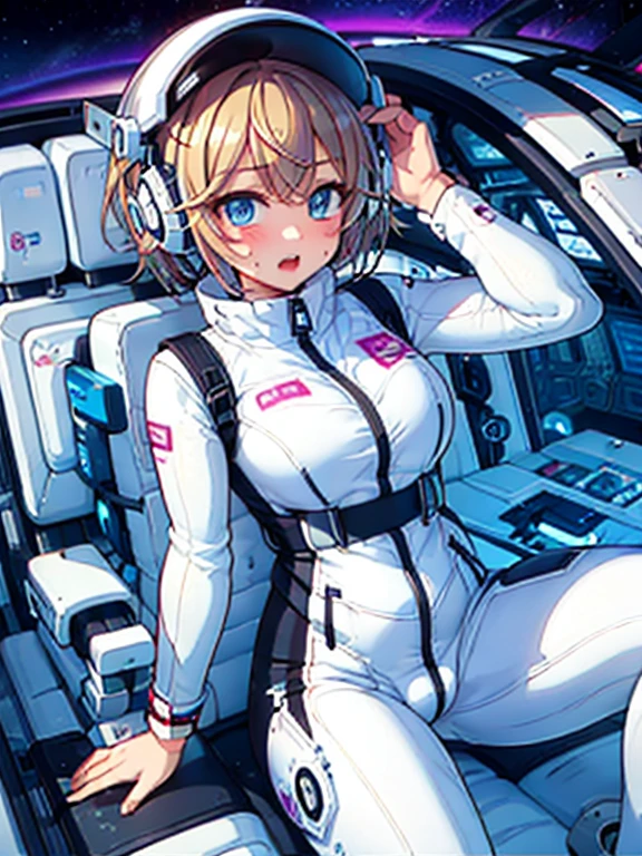 very detailed、(Futuristic spaceship interior):1.5、Married woman1 person，short bob，golden hair,(Space Helmet):5, (white space suit):1.5、body suit、(Diapers):1.5,big breasts，breast bumps，Excretion of breast milk，Feeling，Showing off her perfect legs，Shyness in the face，Sweat、The Diapers is wet、desire for dissatisfaction，Masseter muscle part、, Highest_quality, 1 person, alone、open your legs、open your legs、please open your knees、embarrassing、blush、Bedroomasturbation、Full of Sweat、wet Diapers、sexual excitement、masturbation、,put your hand inside your panties、headphones,(liquid、scale):0.3、was scary、teardrop,BREAK red nose blush:1.3,astro vest:5