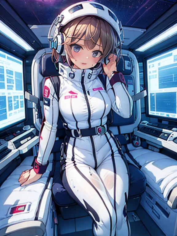 very detailed、(Futuristic spaceship interior):1.5、Married woman1 person，short bob，golden hair,(Space Helmet):5, (white space suit):1.5、body suit、(Diapers):1.5,big breasts，breast bumps，Excretion of breast milk，Feeling，Showing off her perfect legs，Shyness in the face，Sweat、The Diapers is wet、desire for dissatisfaction，Masseter muscle part、, Highest_quality, 1 person, alone、open your legs、open your legs、please open your knees、embarrassing、blush、Bedroomasturbation、Full of Sweat、wet Diapers、sexual excitement、masturbation、,put your hand inside your panties、headphones,(liquid、scale):0.3、was scary、teardrop,BREAK red nose blush:1.3,astro vest:5