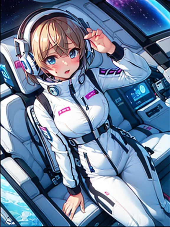 very detailed、(Futuristic spaceship interior):1.5、Married woman1 person，short bob，golden hair,(Space Helmet):5, (white space suit):1.5、body suit、(Diapers):1.5,big breasts，breast bumps，Excretion of breast milk，Feeling，Showing off her perfect legs，Shyness in the face，Sweat、The Diapers is wet、desire for dissatisfaction，Masseter muscle part、, Highest_quality, 1 person, alone、open your legs、open your legs、please open your knees、embarrassing、blush、Bedroomasturbation、Full of Sweat、wet Diapers、sexual excitement、masturbation、,put your hand inside your panties、headphones,(liquid、scale):0.3、was scary、teardrop,BREAK red nose blush:1.3,astro vest:5