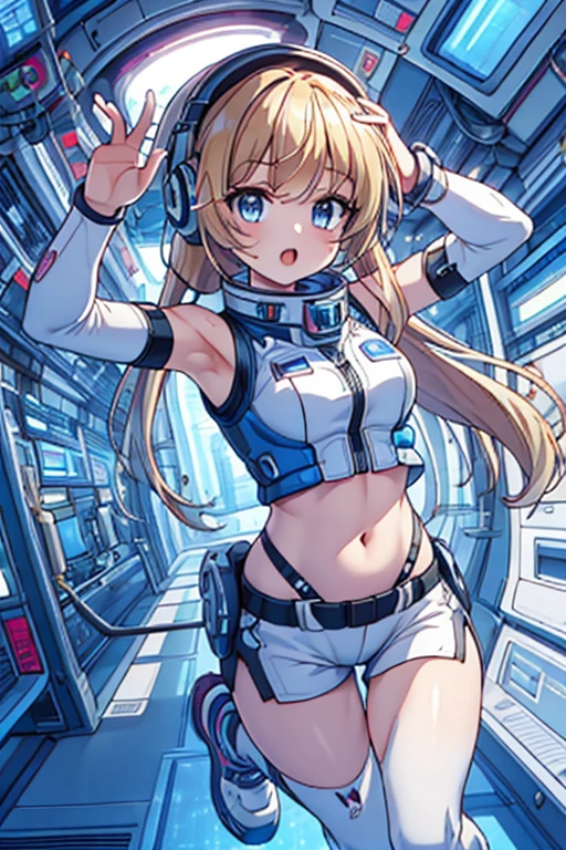 top-quality,Top image quality,In 8K,4k,masterpiece,ultra-detailliert,beautiful,ultra-quality, best quality,expensive solve, ultra-be familiar with,game cg,dutch angle,(acrobatic pose):5,jumping:5,(inside spacestation,)beautiful be familiar with eye,five refer to,headphone,NSFW,a beauty girl,(astro vest):5,(tracking unishapes),Wet,(vapor:1.5),Running shape,Open Open mouth,(blonde hair),(long hair):2,belly button,space_station_interior, exercise_room, futuristic, expensive_technology, zero_gravity_exercise_device, expensive_solve_landscape, Sophisticated_design, minimalistic, 8K_solve, game_cg_style, Dutch_angle, be familiar with_character, tracking_unishape, perfection_running_shape, intense_Performance, be familiar with_eye, Decide, vapor:1.5, beauty, strength, five_refer to, appear_belly button, Open_mouth, ultra_quality, expensive_solve, ultra_be familiar with,astro vest