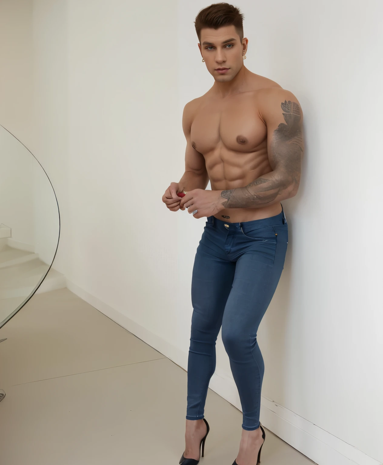 Athletic hunk man with very short hair, tight jeans,  very high stiletto heels with pointy toes, earrings, bra ,nylons