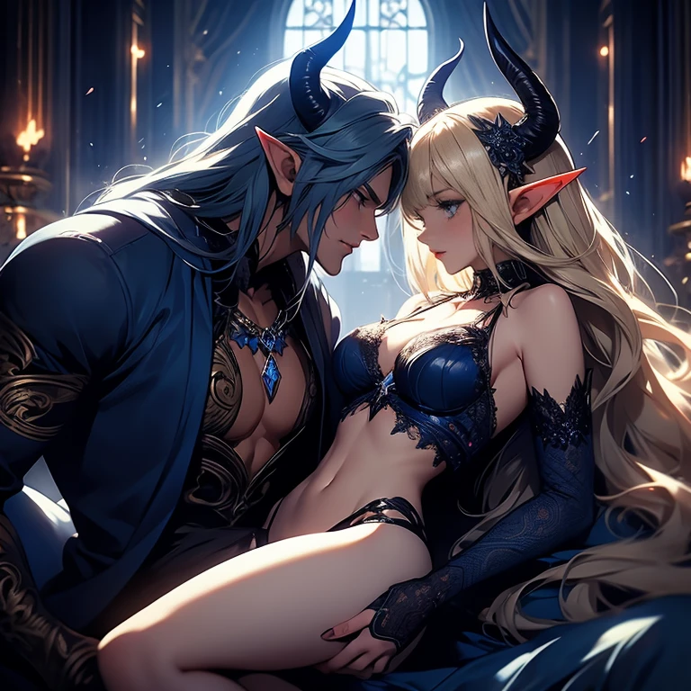 female adult elf with darkblonde hair, and a male elf dark blue long hair and demon horns male with dark blue hair and demon horns having sex, sex, dominant male