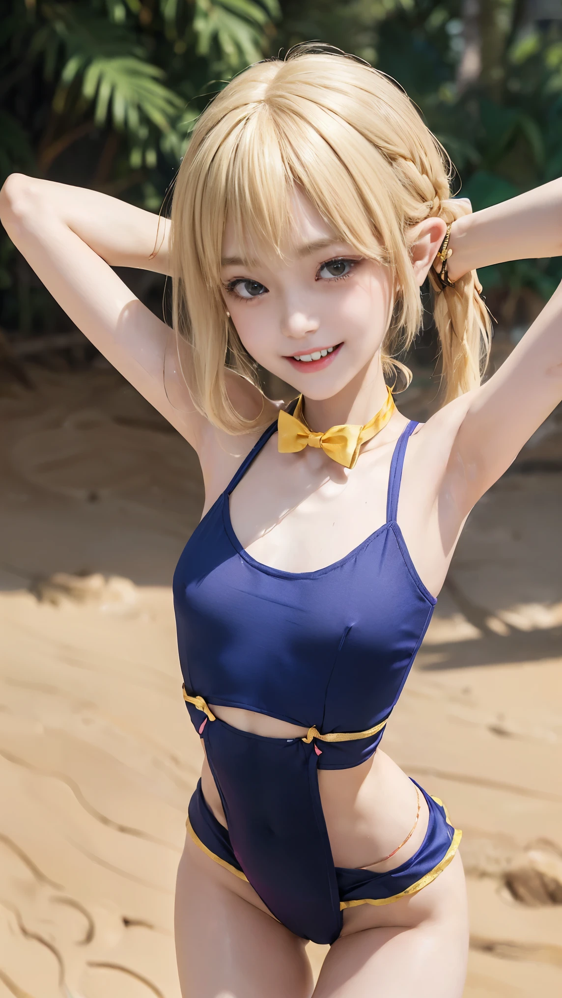 girl, goblin, smile of great joy，beautiful and moving，(((flat chest))),Do a dynamic dance、How to install paint ear bands、((((thin arms、thin waist、slender upper body、thin thighs、thin lower body))))、medium long hair、(((blonde hair)))、tropical sandy beach、dazzling smile、micro bikini、full body shot、A bow tie、wear big gold earrings