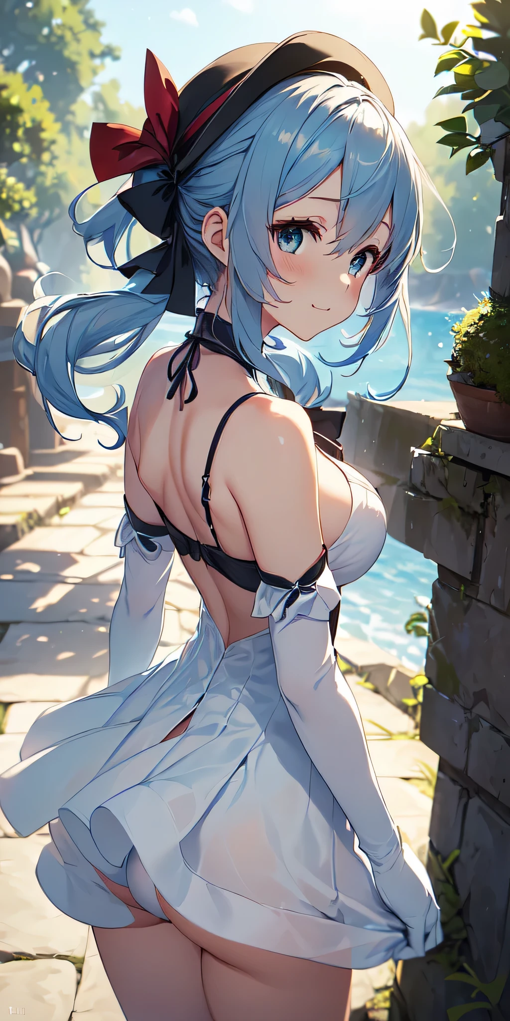 All the intricate details: "(a girl from the video game: (Genshin Impact,
character Furina) with a dress and a long skirt standing next to a kind of stone wall with stars, 1 girl view, long hair, (furina), alone, gloves, smile, red eyes, fingerless gloves, black gloves, look to the viewer, hair decoration, bare shoulders, bangs, water, closed mouth, hair between eyes, blue eyes, blue hair, white hair, highlighted hair, gloves, hat, white gloves, blue hats, ahoge, black gloves, long sleeves, ascot, jewelry, brooch, black hats, ruffles, random pose, low angle, see tanga, ass shot)"