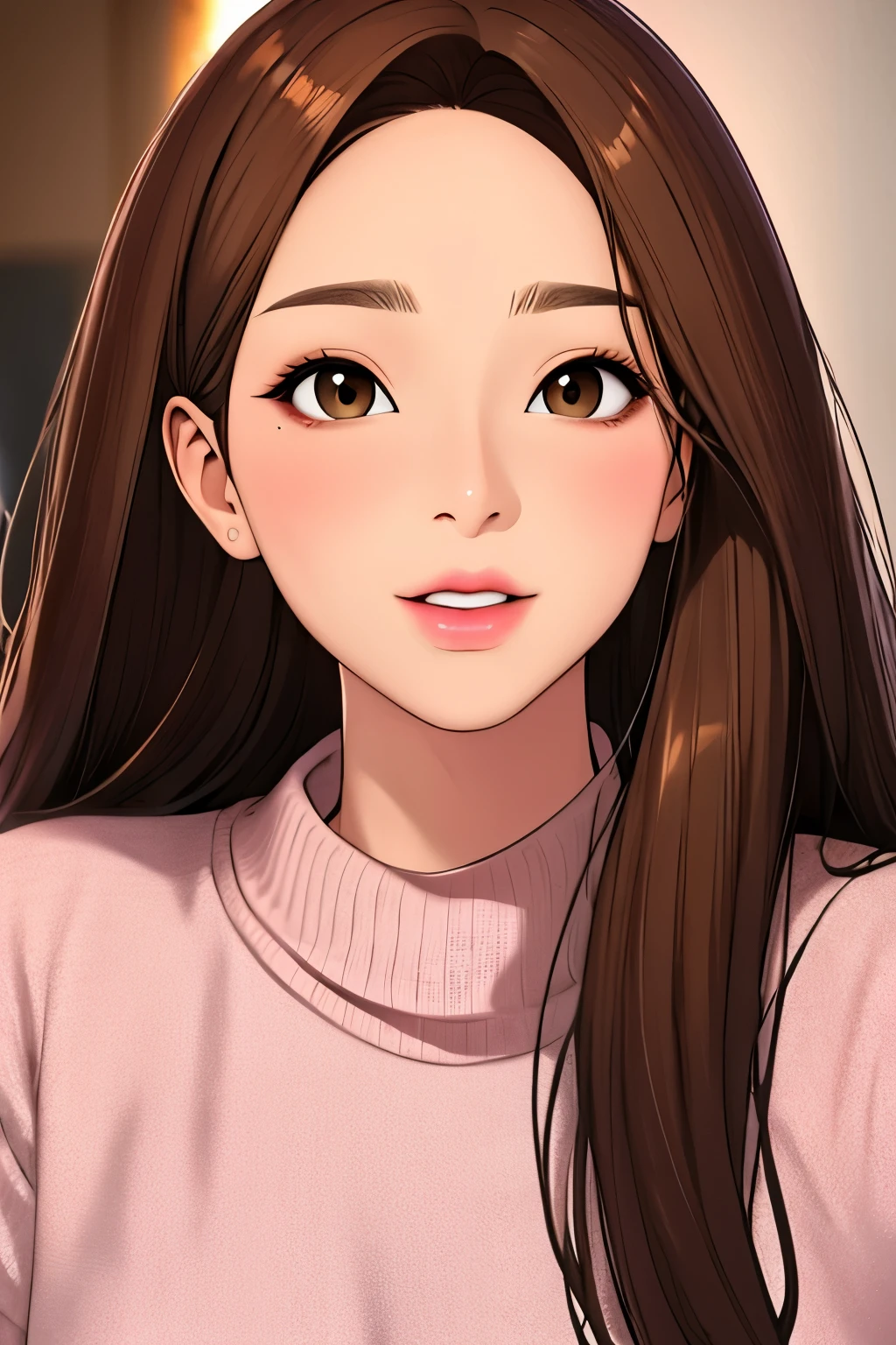 1 girl, long brown hair, brown eyes, sharp features, white skin, pink lips, sweater