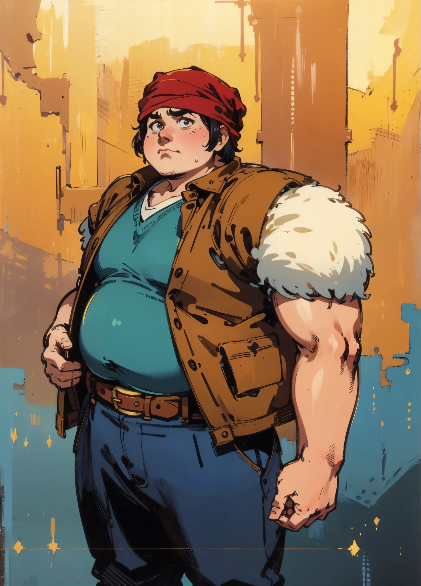 A man with short hair wrapped in a headscarf, side-parted bangs, determined large eyes, chubby cheeks, extremely robust physique, brown skin, dressed in an open fantasy-style shirt jacket with a V-neck undershirt, fur-trimmed short sleeves, the jacket features small pockets, a cloth belt wraps around his waist, linen trousers, he stands sweating in the intense sunlight of a fantasy-style marketplace, this character embodies a finely crafted fantasy-style obese merchant in anime style, exquisite and mature manga art style, high definition, best quality, highres, ultra-detailed, ultra-fine painting, extremely delicate, professional, perfect body proportions, golden ratio, anatomically correct, symmetrical face, extremely detailed eyes and face, high quality eyes, creativity, RAW photo, UHD, 32k, Natural light, cinematic lighting, masterpiece-anatomy-perfect, masterpiece:1.5