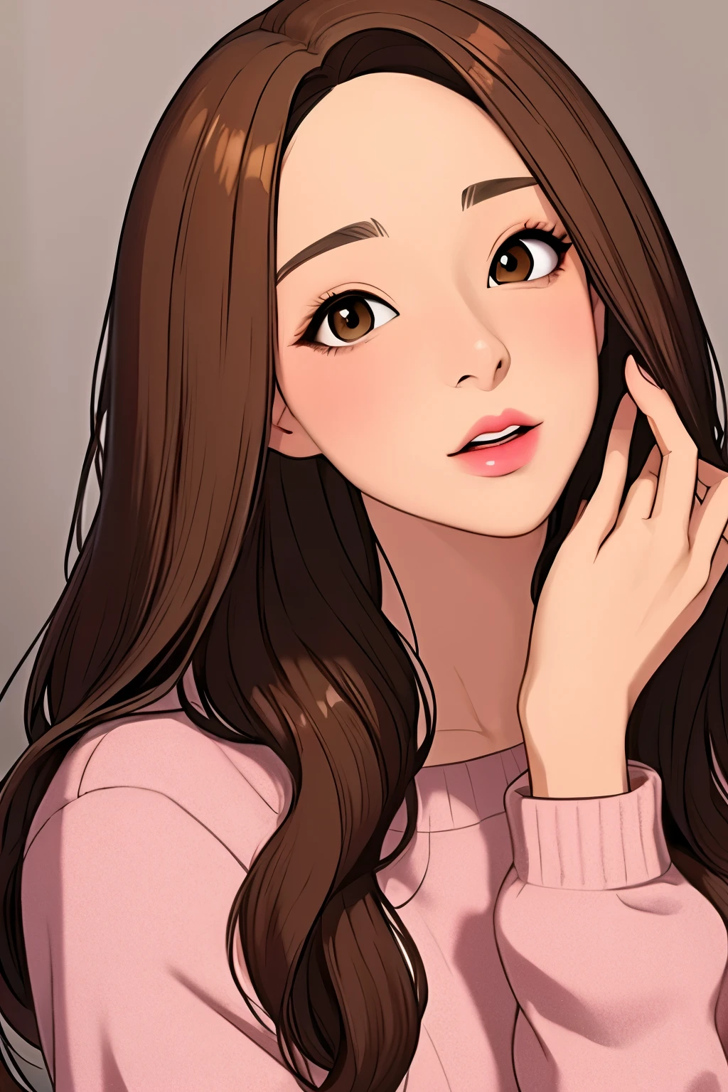 1 girl, long brown hair, brown eyes, sharp features, white skin, pink lips, sweater