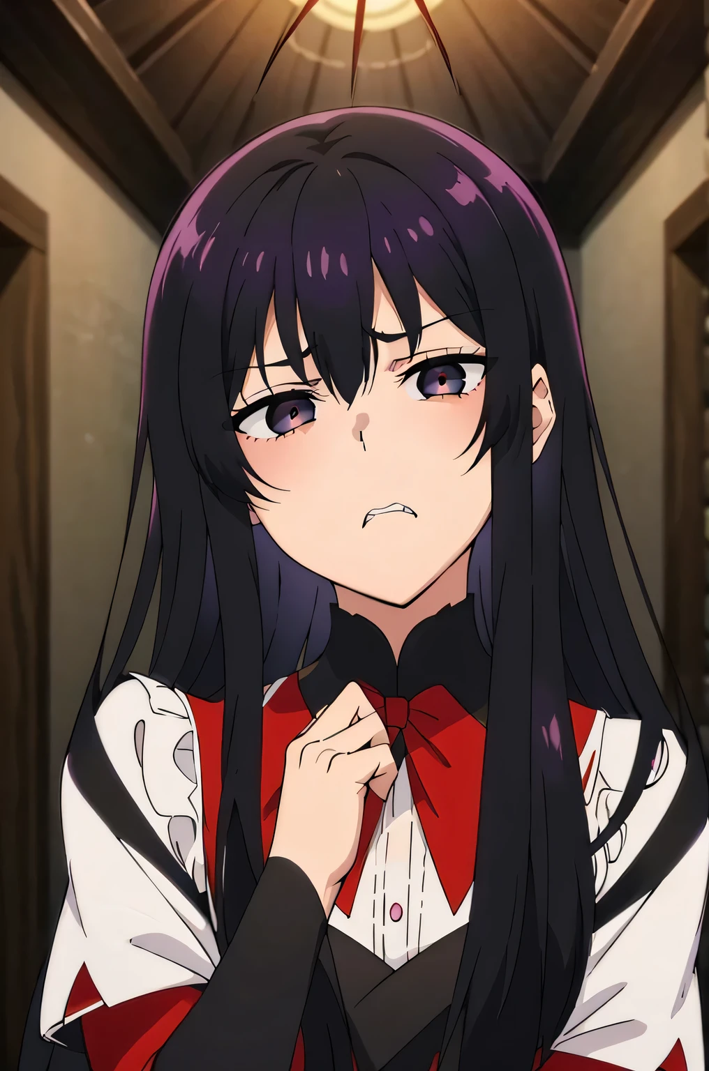 black hair, black eyes, yandere trance yandere hands on own face,hands on own cheeks,((looking disgusted)) very angry disappointed
