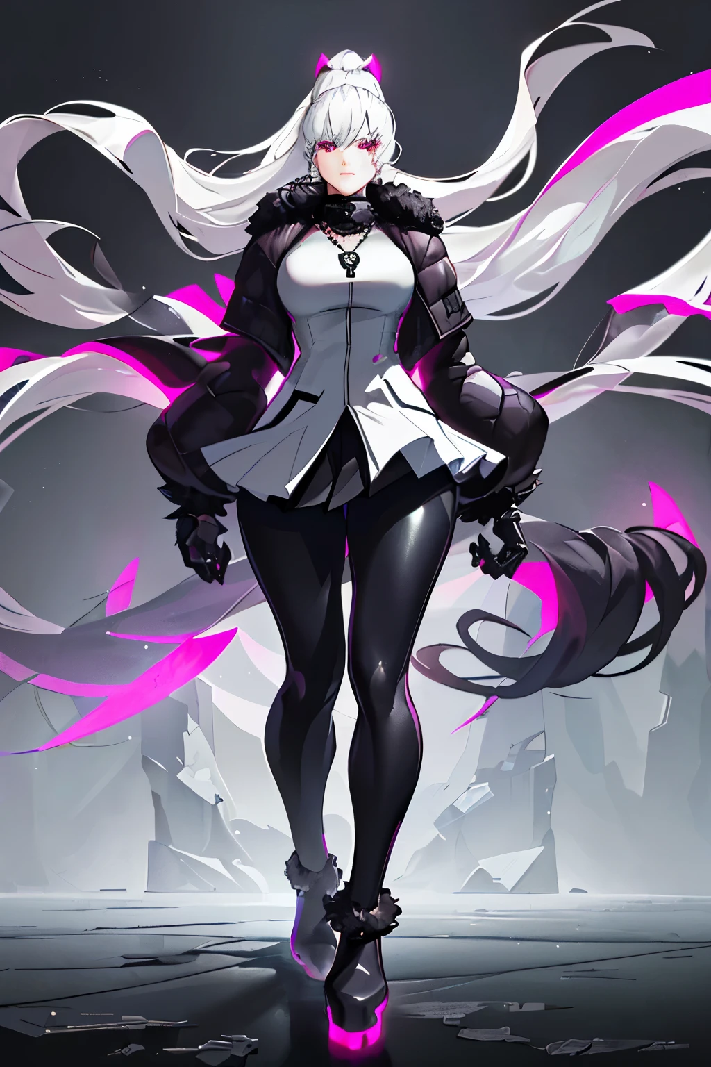 (art, best quality, ultra-detailed, high contrast) 1 woman (Alone, full body, plus size body, standing on the edge of a towering skyscraper, silver hair cascading in a long ponytail, broken ruby red eyes filled with deep sadness, expressive and detailed face, leggings clinging to her curves, pleated skirt billowing in the wind, sports top showing her toned arms, high boots adding an edgy touch, long fur jacket keeping her warm, black cybernetics with glowing neon pink accents, detailed face with defined jawline and pores, black transparent tights, realistic veins and wrinkles, metal necklace