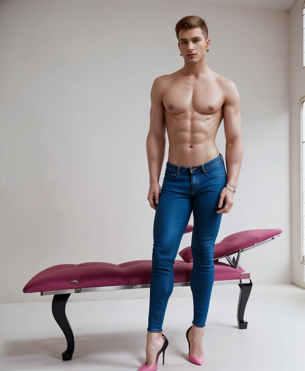 Athletic hunk man with very short hair, tight jeans,  very high stiletto heels with pointy toes, earrings, bra ,nylons,  pointy pink padded bra, lipstick 