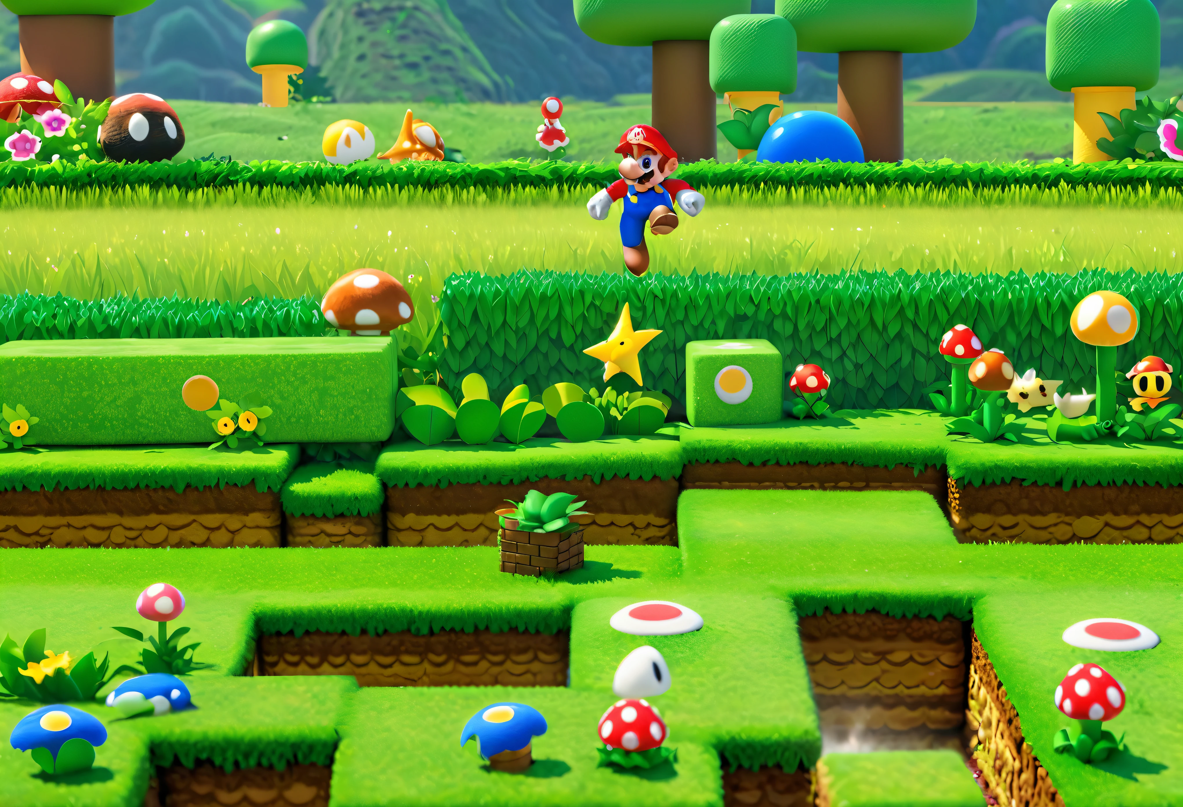 ((magia+Fantastical))super mario bros style
Super Mario, popping and jumping in his animated world of green grass and colorful blocks and cute creatures