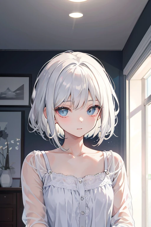 In the heart of an artist's imagination, a masterpiece unfolds before our eyes. A slender, anime girl named Yunagi, with a peaceful expression and a dreamy look in her eyes, stands in the middle of a girly fancy bedroom. Her sleepy face, with a slight yawn and a hint of a smile escaping her lips, reveals a sense of comfort and satisfaction. Her white hair, styled in a neat bobcut, frames her face, contrasting the messy hair atop her head, which appears as if she had just woken up, or perhaps, was still lost in her dreams. The morning sunlight filters in through the window, casting a warm and inviting glow on her flawlessly