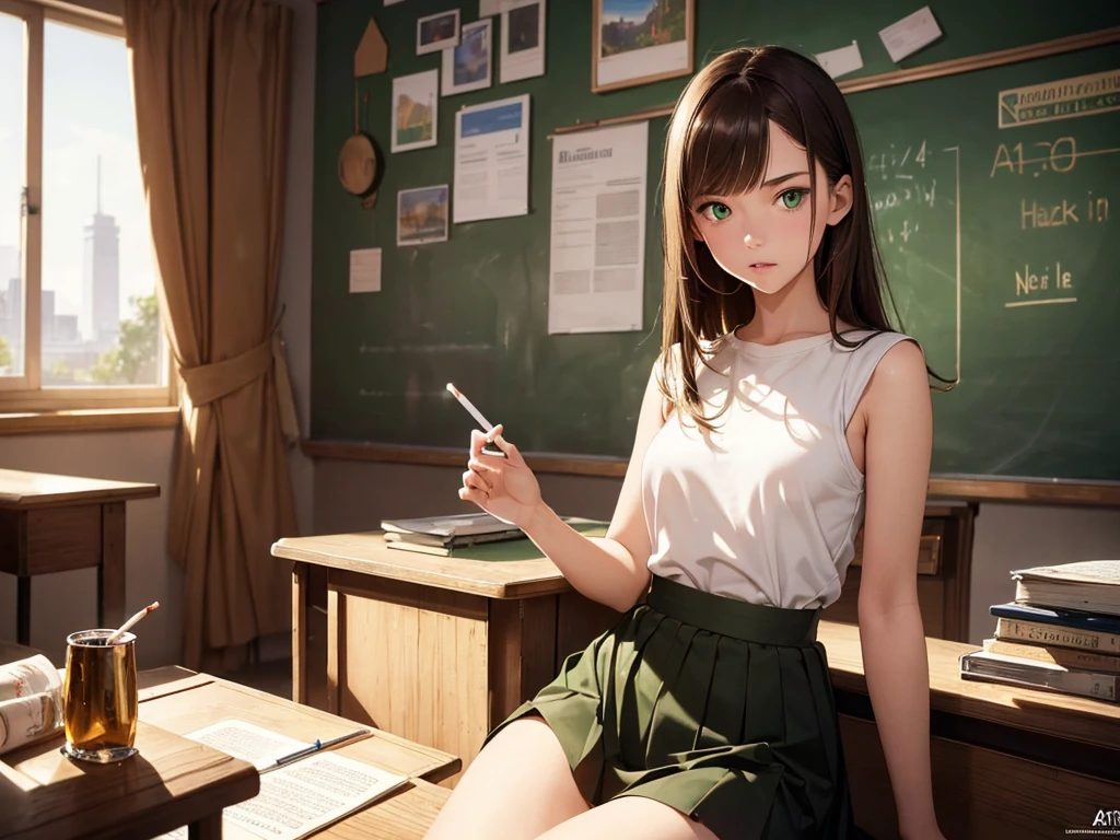 ultra high definition, best quality, masterpiece, highres, artstation, concept art, smooth, sharp focus, illustration, a 14 years old girl in school, brown hair, green eyes, wide eyes, (small breast), (small hips), (small ass), (small girl), long skirt, white top, classroom, ((she smokes a cigarette)), provocative pose