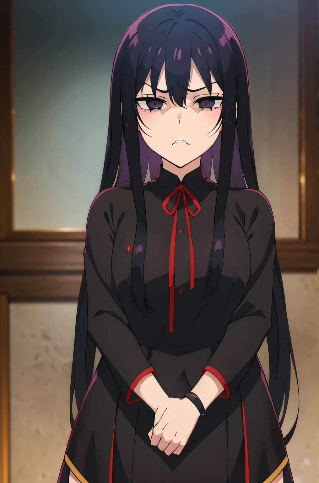 black hair, black eyes, yandere trance yandere hands on own face,hands on own cheeks,((looking disgusted)) very angry disappointed,full body
