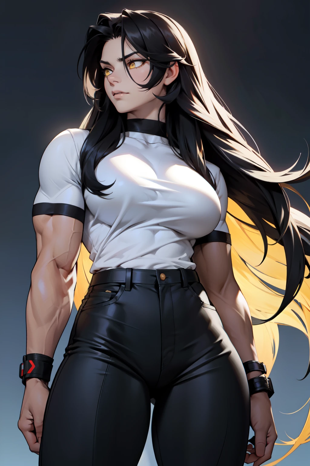 1 girl muscular pale skin muscular muscular muscular black hair yellow eyes huge breasts muscular muscular long hair long hair long hair long hair long hair huge breasts long hair long hair long hair long hair  muscular muscular tight shirt tight pants from below 