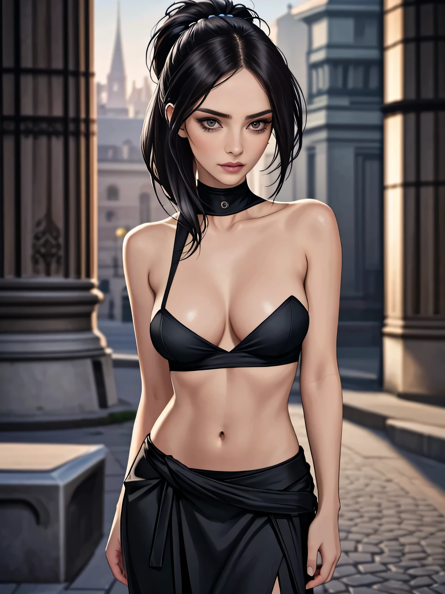 1 girl (Masterpiece, best quality, photorealistic, highres, photography:1.3), close-up portrait, sharp focus, 1 dark haired girls, European fashion models, flawless skin, slim feminine appearance, flat abdomen, slender abs, cleavage, messy hair, detailed hair strands, delicate sexy face, allure look, ((elegant girl, high society, detailed makeup, influencer, perfect skin)), outdoor fashion photoshoot, standing pose, ((realistic, ultra realistic, realism, realistic detail)), long black ponytail, hair between eyes,
