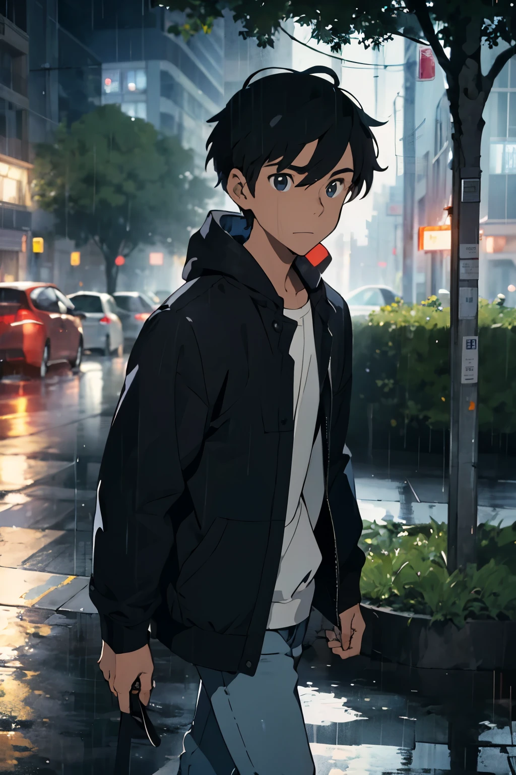 ((Best Male Protagonist who is a 17-year-old teenager. He's walking through the rain, com um fone de ouvido nos ouvidos, He's listening to music. It's raining a lot. O protagonista mostra um olhar frio e tristequalidade)), ((obra de arte)), (detalhado), rosto perfeito