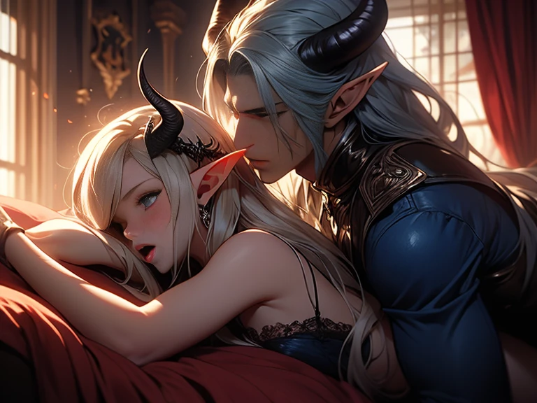 female adult elf with darkblonde hair, and a male elf dark blue long hair and demon horns male with dark blue hair and demon horns having sex, sex, dominant male