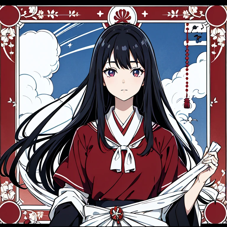 The beautiful Marion Sinclair with straight black hair and a cold look, in a red uniform with blue details from Rockville academy, Japanese anime scene of school life 