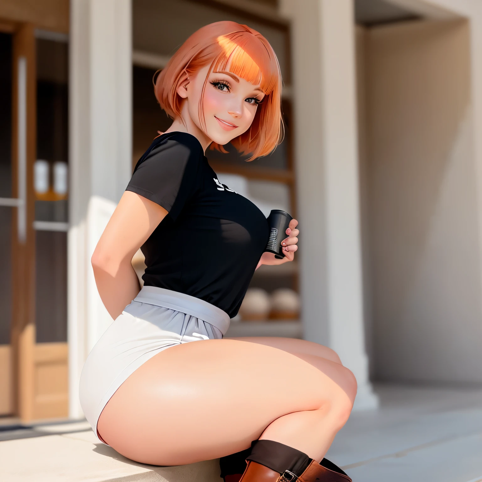 Very detailed, chef d'work 1 girl, pose sexy, sourire subtil, faire la moue, full lips, cheveux roux, queue de cheval haute, yeux marrons, des mains parfaites, gros seins, Hanches larges, thick thighs, T-shirt noir, haut court, jupe rouge, Red high heel boots, clean scene, fond blanc, mur blanc, sol brillant, sol blanc