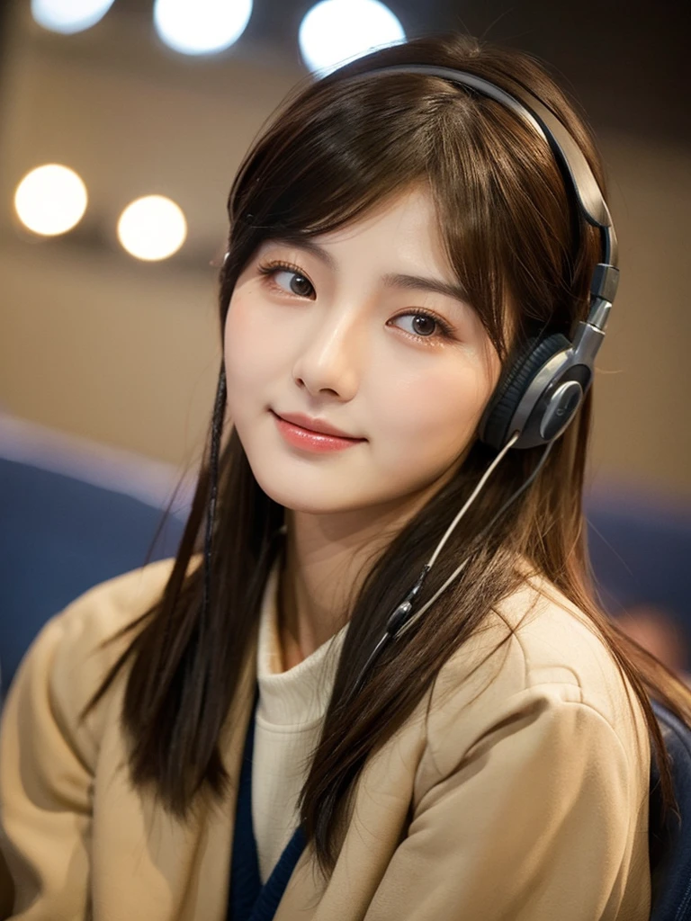 Beautiful Chinese woman with delicate facial features and delicate skin texture, rich and realistic skin texture, rest, alone, sitting, brown hair black eyeballs, bright eyes, looking at the audience, jacket, pants, headphones, jacket, hug, lips, smile, shoulders, medium length hair, broken, whole body Photo, --niji v6