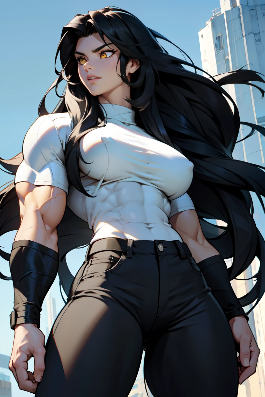 1 girl muscular pale skin muscular muscular muscular black hair yellow eyes huge breasts muscular muscular long hair long hair long hair long hair long hair huge breasts long hair long hair long hair long hair  muscular muscular tight shirt tight pants from below 