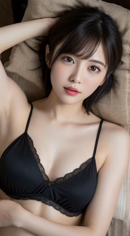 table top, highest quality, figure, Super detailed, finely, High resolution, 8k wallpaper, 完璧なダイナミックな構figure, detailed and beautiful eyes, natural lip color, small breasts, shortcut、 full body、clear white skin、super realistic photos、beautiful clavicle、trained abdominal muscles、hotel bedroom、Black Nightgown、on the bed、Angle from above