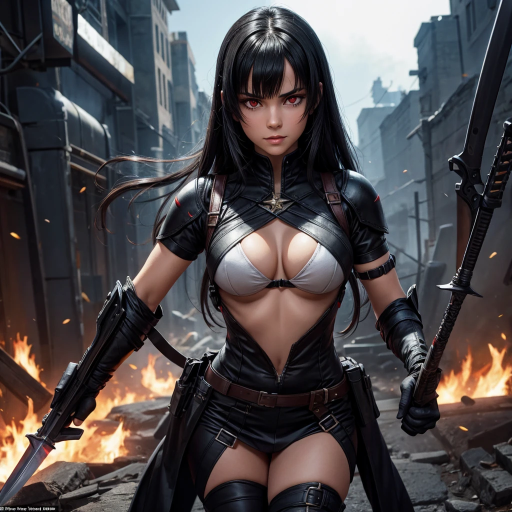  Vesper has pitch black hair, bright red eyes, and olive skin. Vesper wears combat gear and uses a poison tipped sword as her weapon she is very pretty 