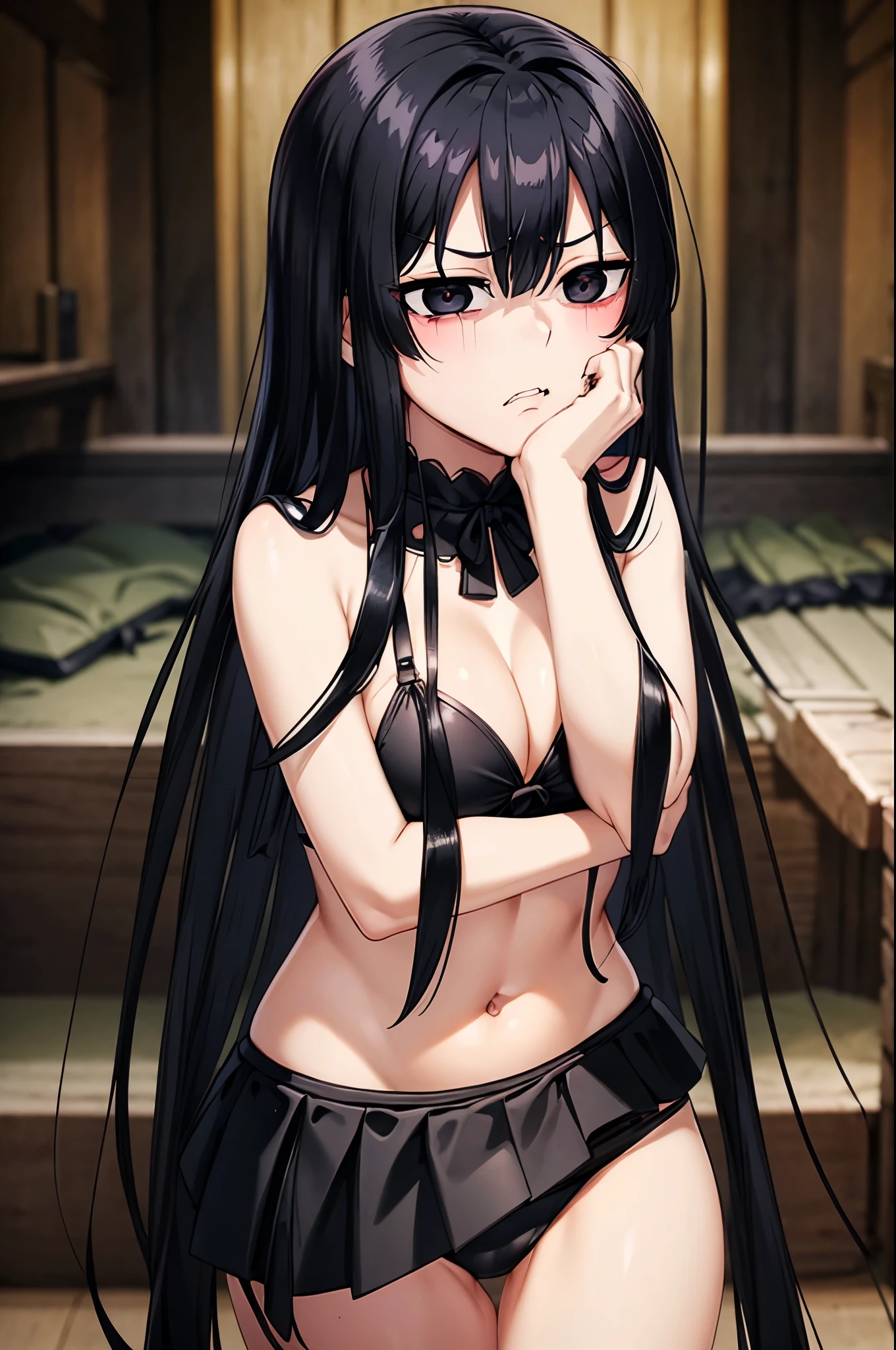 black hair, black eyes, yandere trance yandere hands on own face,hands on own cheeks,((looking disgusted)) very angry disappointed,full body,((black bikini)))
