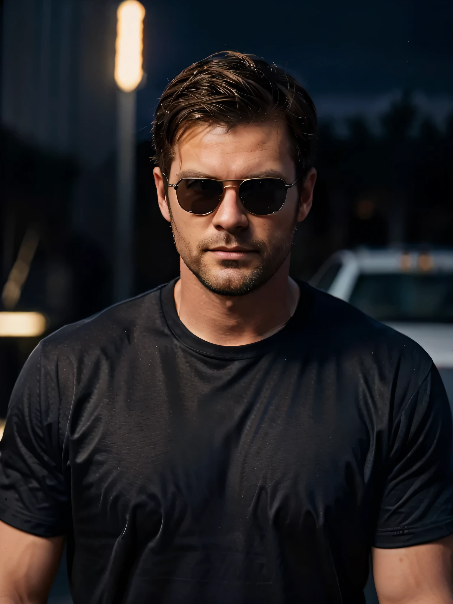 realistic 4K PICTURE, white man 35 years old, 6 foot 5 tall, brunette, dark short brown hair, trendy hairstyle, fit, muscular, wearing black t-shirt, wearing on it blue varsity like for high school american football team jacket with white sleeves and jeans trousers, glasses/shades like from movie top gun. Synthwave 80s city in the night on the background, miami neons