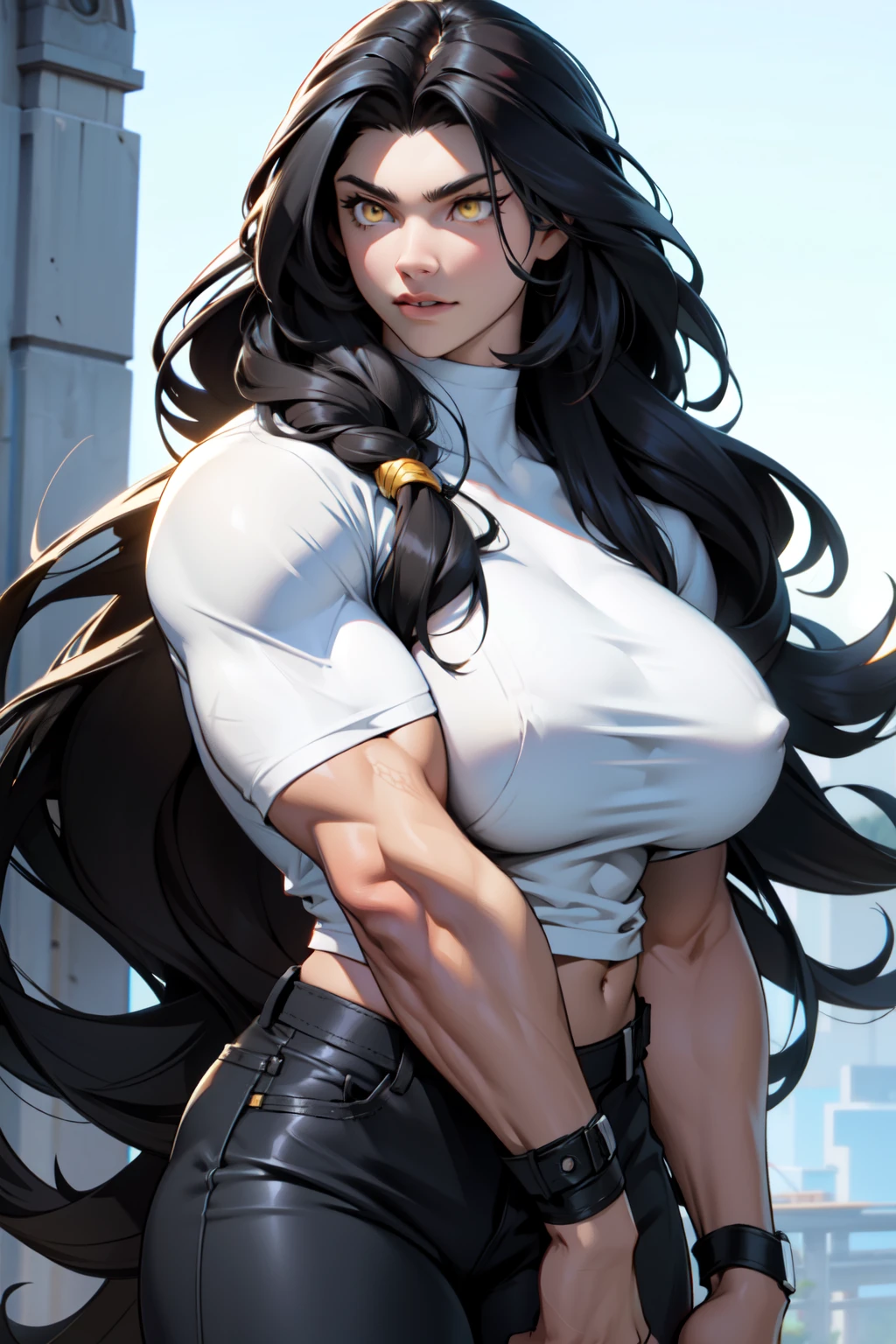 1 girl muscular pale skin muscular muscular muscular black hair yellow eyes huge breasts muscular muscular long hair long hair long hair long hair long hair huge breasts long hair long hair long hair long hair muscular muscular tight shirt tight pants