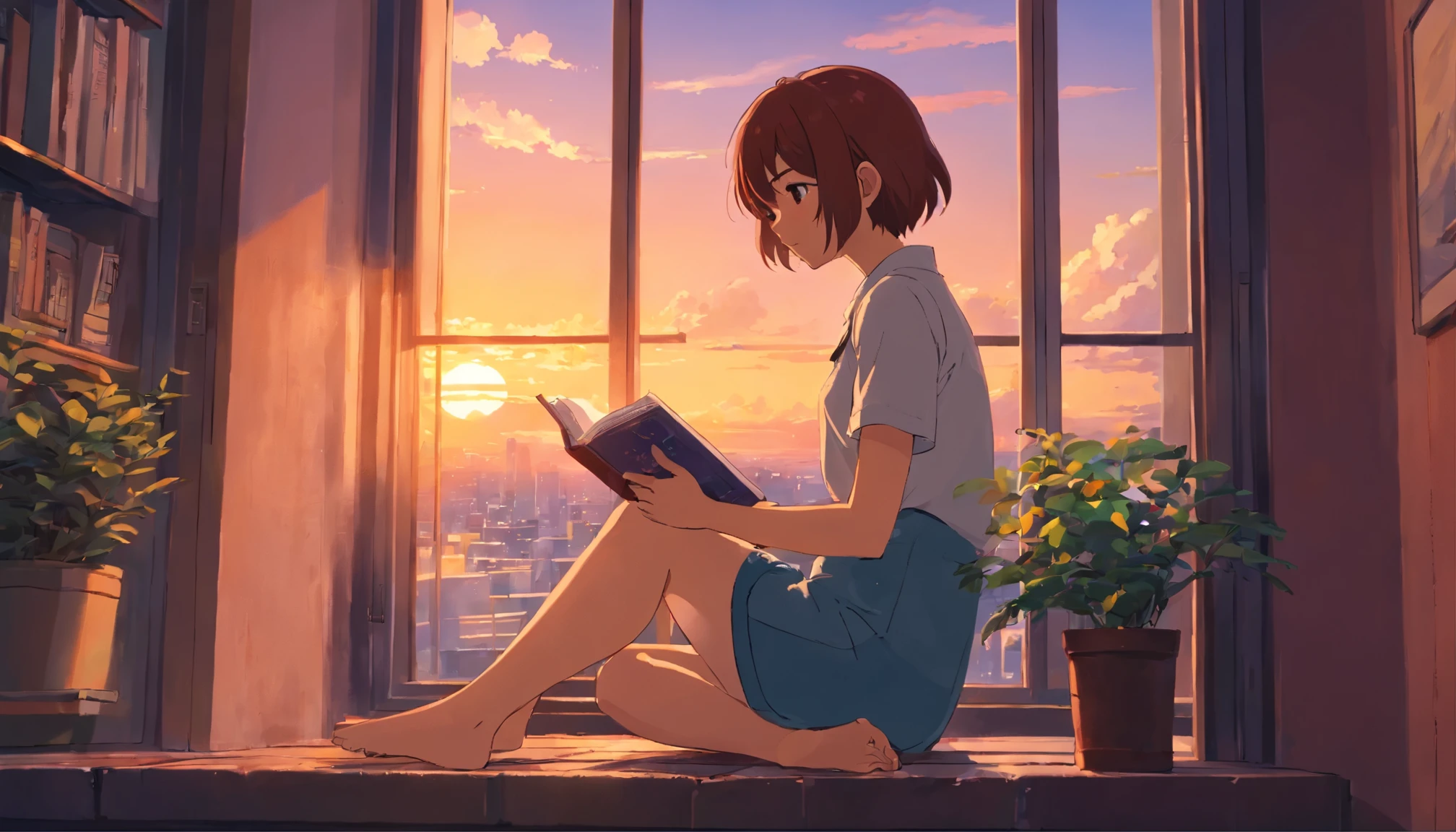 a girl is reading while sitting on a window sill by her window, in the style of anime - inspired characters, dark red and orange, detailed environments, catcore, 8k resolution, richly colored skies
