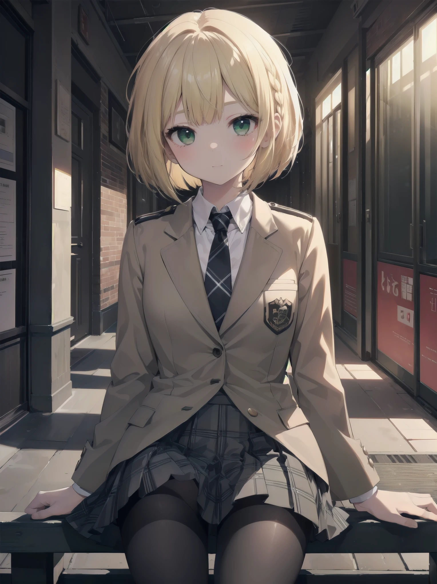 Top-High quality、Highest image quality、masterpiece、high contrast、Elegant、erotic expression、high school girl、blonde、Bob cut braids、uniform、(brown blazer)、ribbon tie、(Green and gray plaid skirt)、(black tights)、cinematic lighting、fine shading、cute、Truly unbelievably cute absurd、outside、outside苑