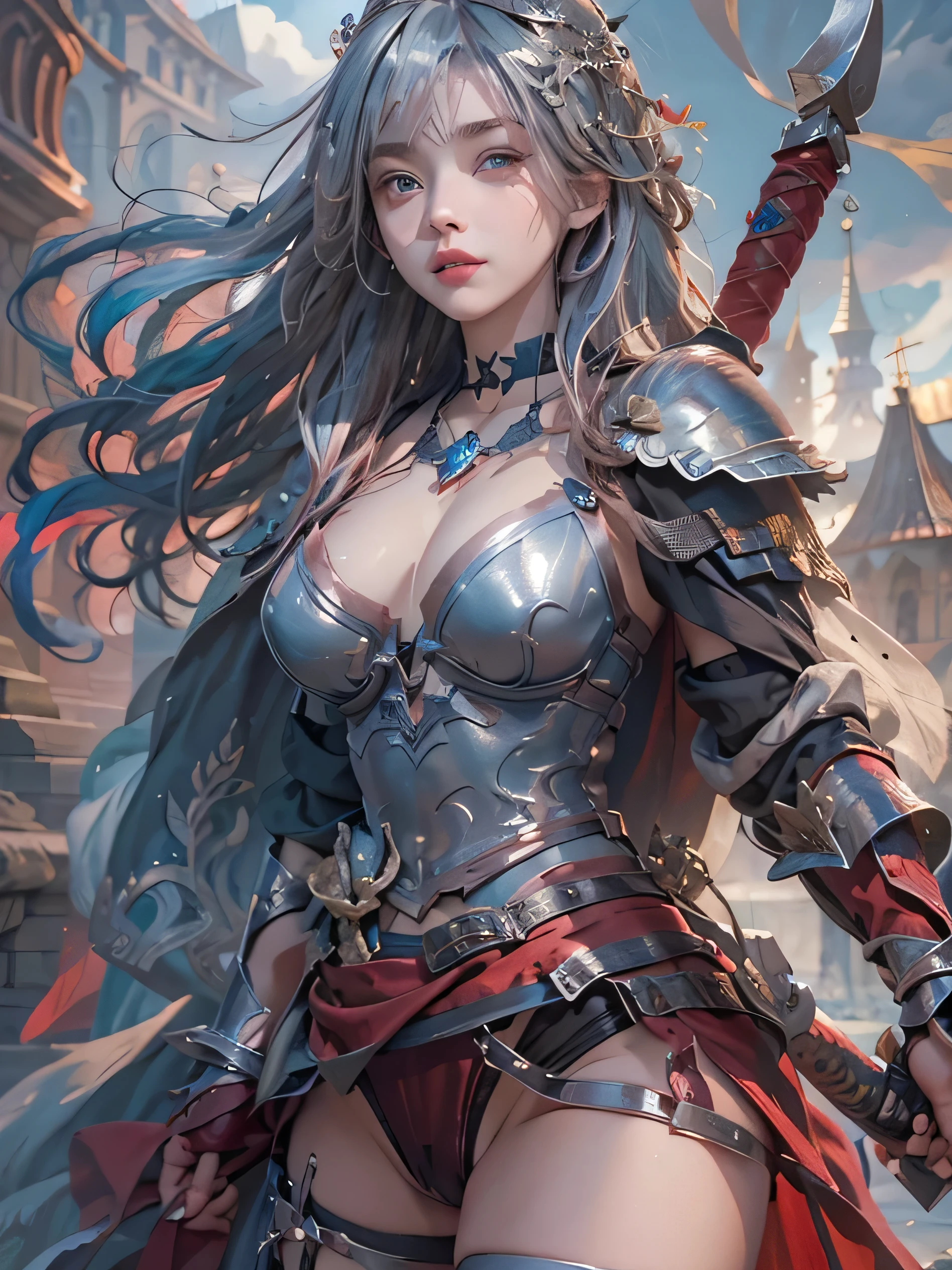 (photorealistic:1.8, highest quality:1.8,8K masterpiece:1.8,High resolution,muste piece:1.8,RAW Photos,cinematic lighting、8mm fisheye lens),No split screen,medieval fantasy、Old castle、Remains、(Fight enemies with a sword in hand)、(Pretty girl warrior:1.5)、(Completely naked、combat hair ornament、Sheer cloak、Armored Leotard、bondage、choker、Knee-high boots、beautiful butt,beautiful thighs,Plump nipples,nipples are visible,cameltoe,slender abs:1.2),beautiful and detailed eyes:1.7,beautiful skin:1.8、(Soryu Asuka Langley)(character focus)、Top view、
rich expression、Gets angry violently、laugh at、surprised、
(midium Hair:1.2, Beautiful, shining red, blue, white, black and silver hair:1.5)、shining blue eyes、thin line