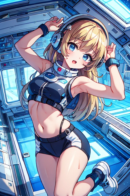 top-quality,Top image quality,In 8K,4k,masterpiece,ultra-detailliert,beautiful,ultra-quality, best quality,expensive solve, ultra-be familiar with,game cg,dutch angle,(acrobatic pose):5,jumping:5,(inside spacestation,)beautiful be familiar with eye,five refer to,headphone,NSFW,a beauty girl,(astro vest):5,(tracking unishapes),Wet,(vapor:1.5),Running shape,Open Open mouth,(blonde hair),(long hair):2,belly button,space_station_interior, exercise_room, futuristic, expensive_technology, zero_gravity_exercise_device, expensive_solve_landscape, Sophisticated_design, minimalistic, 8K_solve, game_cg_style, Dutch_angle, be familiar with_character, tracking_unishape, perfection_running_shape, intense_Performance, be familiar with_eye, Decide, vapor:1.5, beauty, strength, five_refer to, appear_belly button, Open_mouth, ultra_quality, expensive_solve, ultra_be familiar with,astro vest