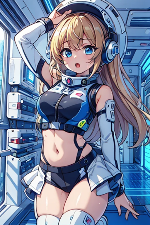 top-quality,Top image quality,In 8K,4k,masterpiece,ultra-detailliert,beautiful,ultra-quality, best quality,expensive solve, ultra-be familiar with,game cg,dutch angle,(acrobatic pose):5,jumping:5,(inside spacestation,)beautiful be familiar with eye,five refer to,headphone,NSFW,a beauty girl,(astro vest):5,(tracking unishapes),Wet,(vapor:1.5),Running shape,Open Open mouth,(blonde hair),(long hair):2,belly button,space_station_interior, exercise_room, futuristic, expensive_technology, zero_gravity_exercise_device, expensive_solve_landscape, Sophisticated_design, minimalistic, 8K_solve, game_cg_style, Dutch_angle, be familiar with_character, tracking_unishape, perfection_running_shape, intense_Performance, be familiar with_eye, Decide, vapor:1.5, beauty, strength, five_refer to, appear_belly button, Open_mouth, ultra_quality, expensive_solve, ultra_be familiar with,astro vest
