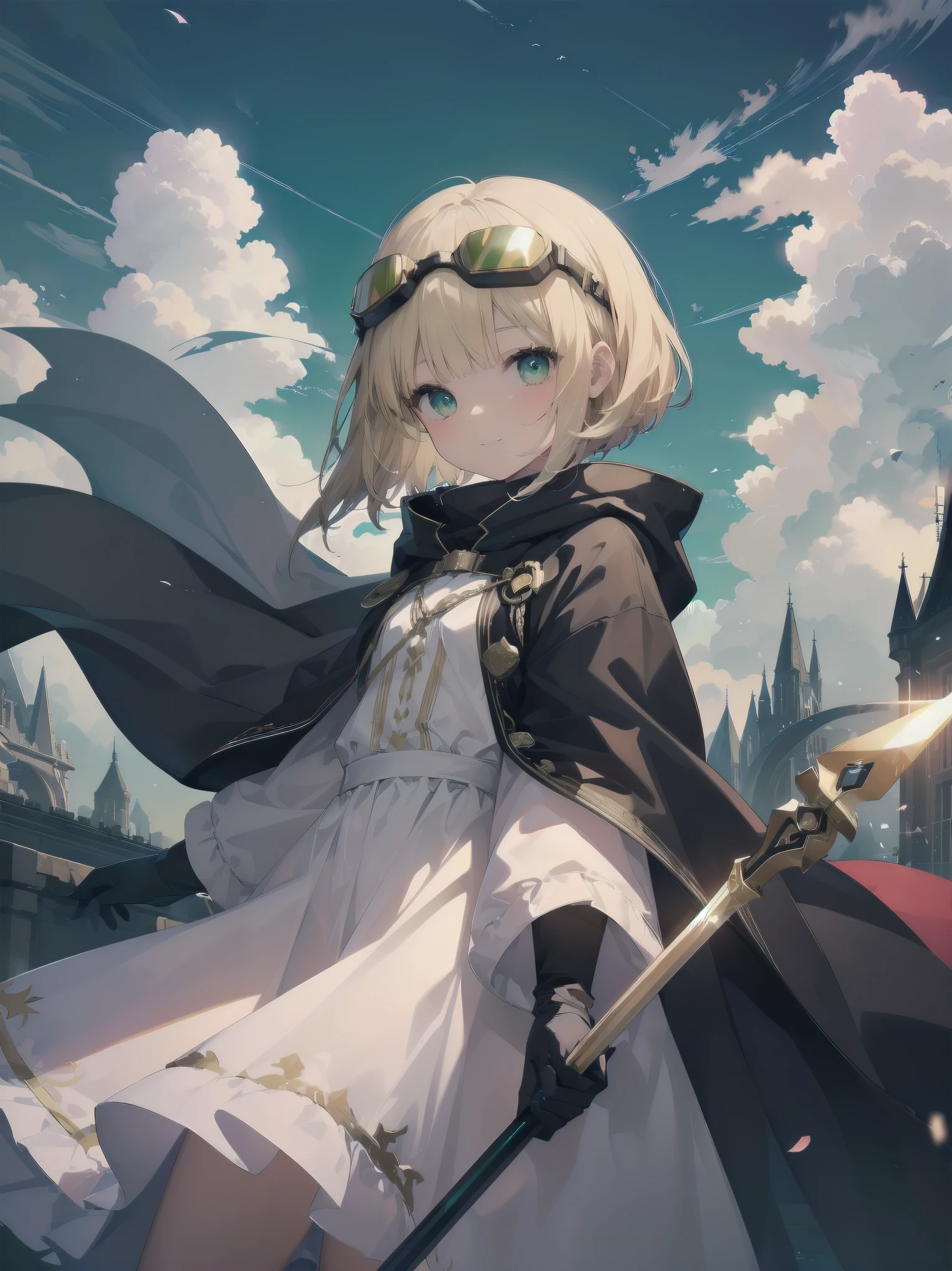 (((master piece、highest quality、Ultra-precision、The best and perfect quality)))、((fantasy))、1 person、(((Cute )))、(White skirt with gold embroidery)、(Blonde one-length bob cut with braids)、(big glowing dark green eyes、shining eyes)、((Long cloak with big hood))、(green surcoat with gold embroidery)、(((Head Goggles)))、((Thick gloves))、big 、smile、(((fly in the sky)))、(((Flight sensation)))、((((Clouds streaming from the screen))))、((Torn Clouds))、(Jump into the sky)、((air))、storm、steam、Fluorescent particle group、Ultra-fantastical、Many particles of light are flying、dynamic angle、Side view