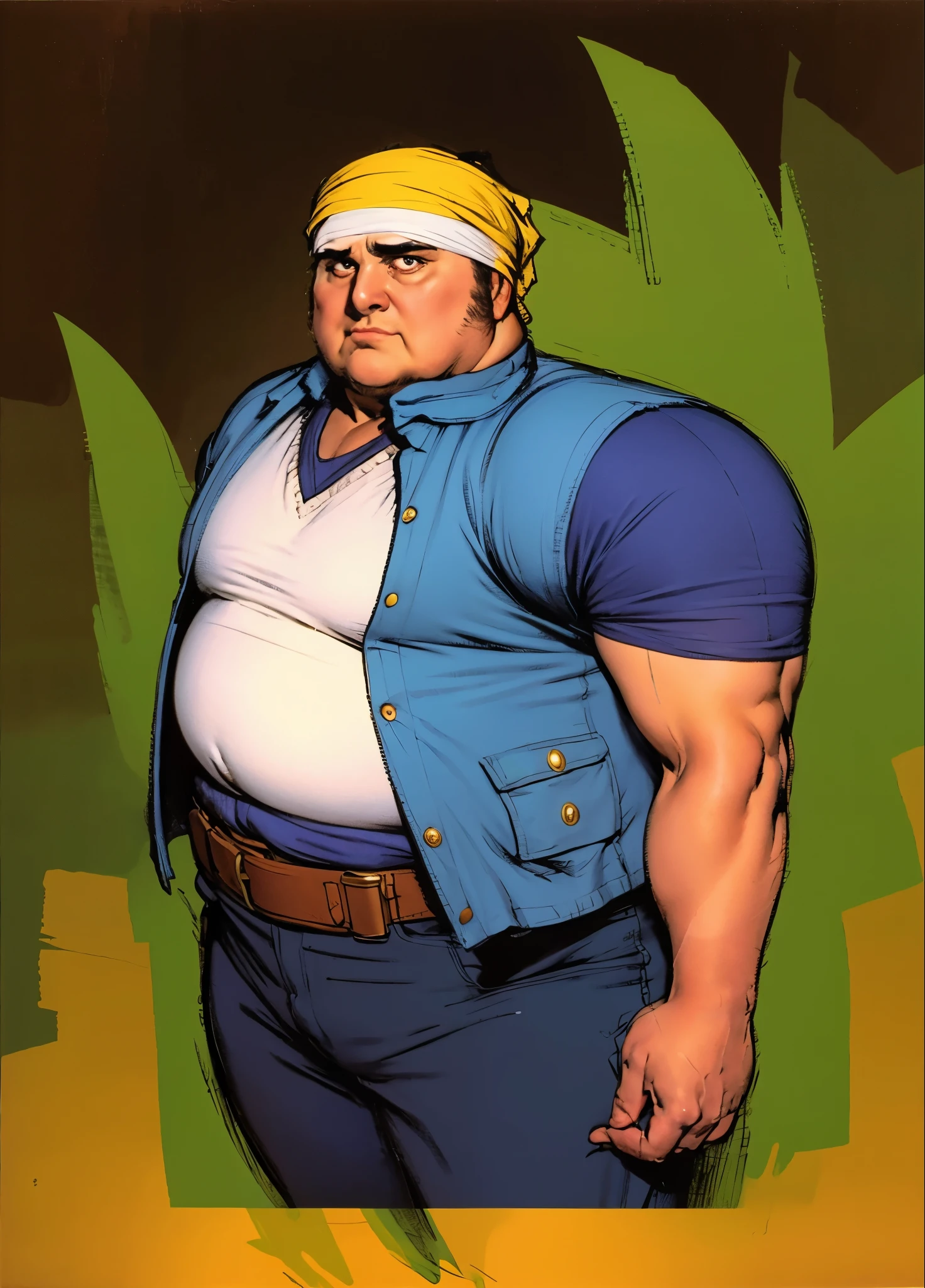 A man with short hair wrapped in a headscarf, side-parted bangs, determined large eyes, chubby cheeks, extremely robust physique, brown skin, dressed in an open fantasy-style shirt jacket with a V-neck undershirt, fur-trimmed short sleeves, the jacket features small pockets, a cloth belt wraps around his waist, linen trousers, he stands sweating in the intense sunlight of a fantasy-style marketplace, this character embodies a finely crafted fantasy-style obese merchant in anime style, exquisite and mature manga art style, high definition, best quality, highres, ultra-detailed, ultra-fine painting, extremely delicate, professional, perfect body proportions, golden ratio, anatomically correct, symmetrical face, extremely detailed eyes and face, high quality eyes, creativity, RAW photo, UHD, 32k, Natural light, cinematic lighting, masterpiece-anatomy-perfect, masterpiece:1.5