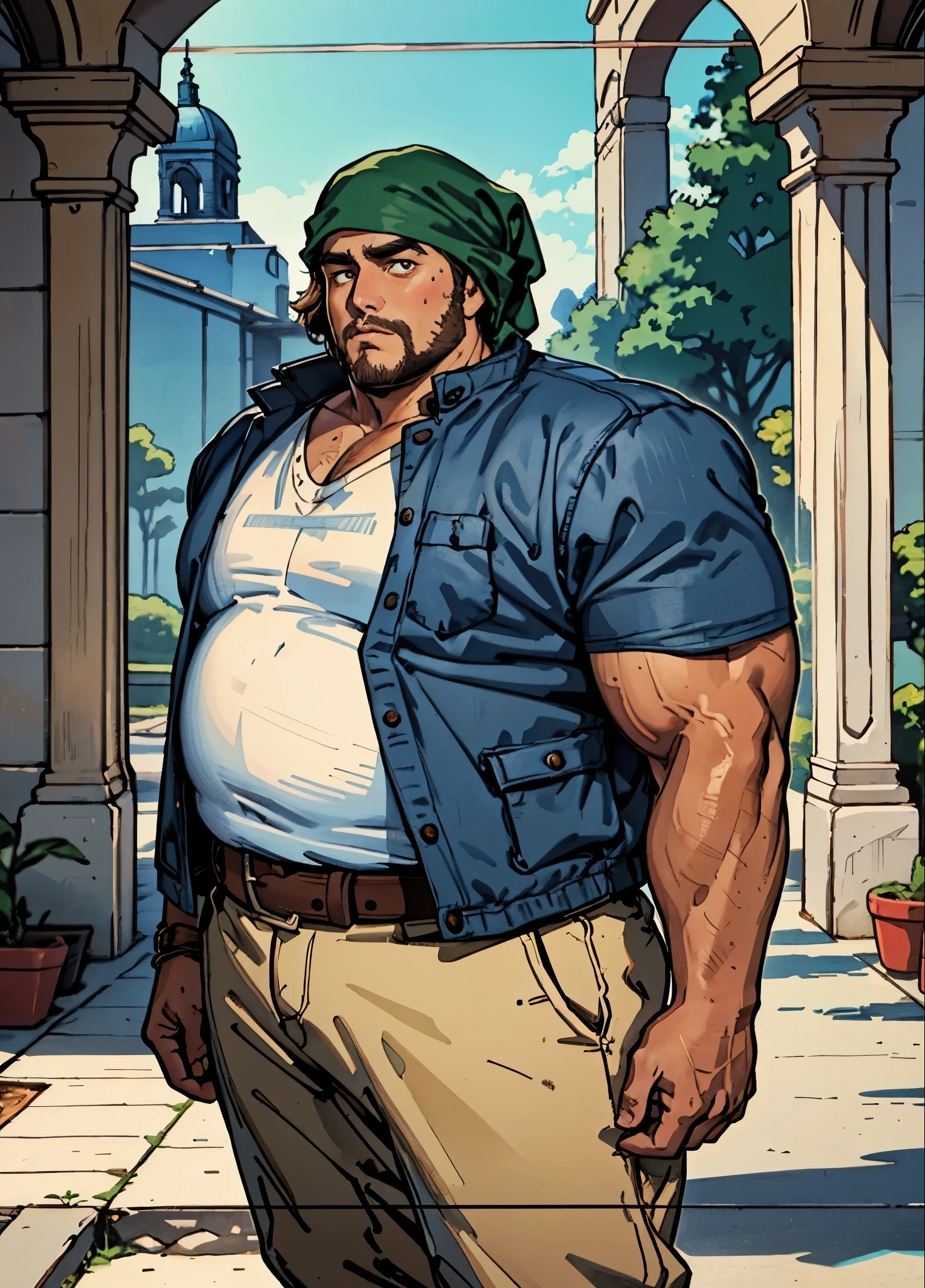 A man with short hair wrapped in a headscarf, side-parted bangs, determined large eyes, chubby cheeks, extremely robust physique, brown skin, dressed in an open fantasy-style shirt jacket with a V-neck undershirt, short sleeves, the jacket features small pockets, a cloth belt wraps around his waist, linen trousers, he stands sweating in the intense sunlight of a fantasy-style marketplace, this character embodies a finely crafted fantasy-style obese merchant in anime style, exquisite and mature manga art style, high definition, best quality, highres, ultra-detailed, ultra-fine painting, extremely delicate, professional, perfect body proportions, golden ratio, anatomically correct, symmetrical face, extremely detailed eyes and face, high quality eyes, creativity, RAW photo, UHD, 32k, Natural light, cinematic lighting, masterpiece-anatomy-perfect, masterpiece:1.5
