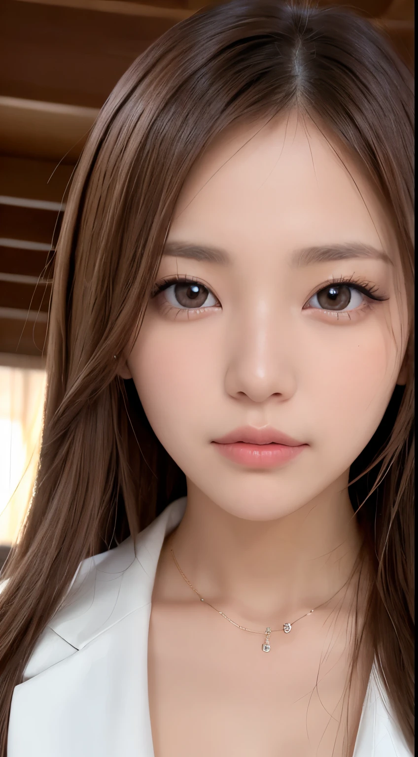 1 female, (close up of face:1.5), light brown hair, dull bangs, hair behind the ear, hair on shoulders, long hair, Extra-fine face, thin face, delicate lips, (beautiful eyes:1.5), light blush, eyes are light brown,watch here, Ultra-thin hand, extra thin fingers, Optimal ratio of 4 fingers and 1 thumb, white long coat, choker ,port area ,one person&#39;s perspective,  8K, table top, nffsw, Super detailed, high quality, 最high quality, High resolution,