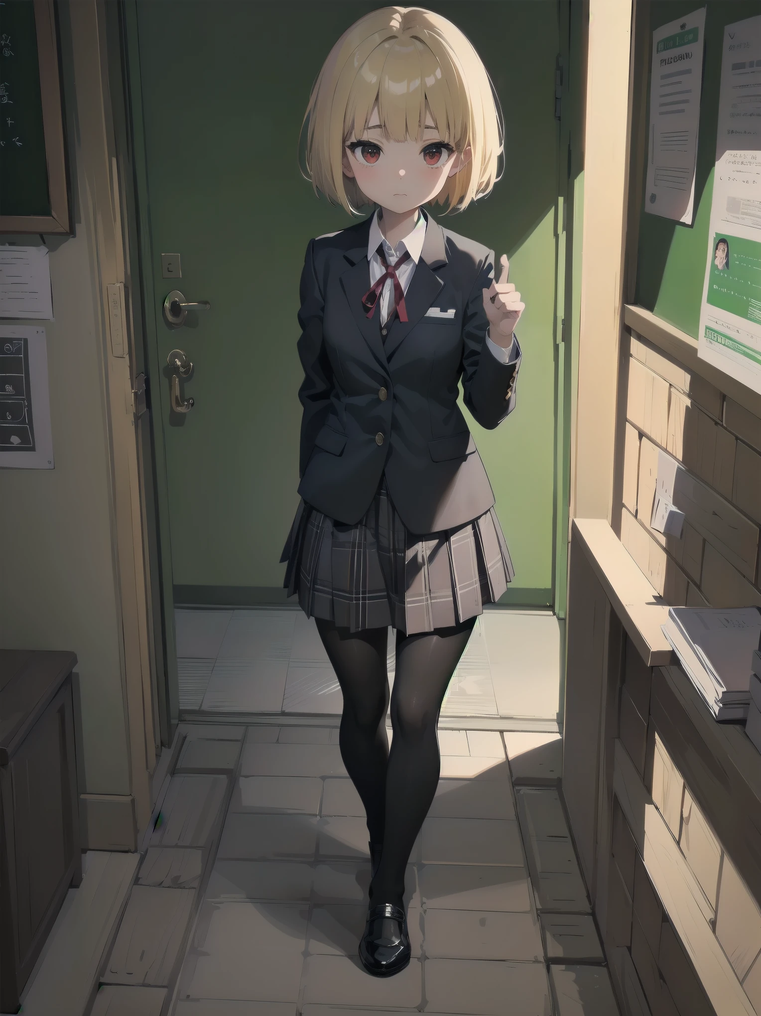 Top-High quality、Highest image quality、masterpiece、high contrast、Elegant、erotic expression、high school girl、blonde、red eyes、Bob cut braids、uniform、(brown blazer)、ribbon tie、(Green and gray plaid skirt)、(black tightovie-like shadows、fine shading、cute、Truly unbelievably cute absurd、outside、school trip、national treasures、Traditional buildings